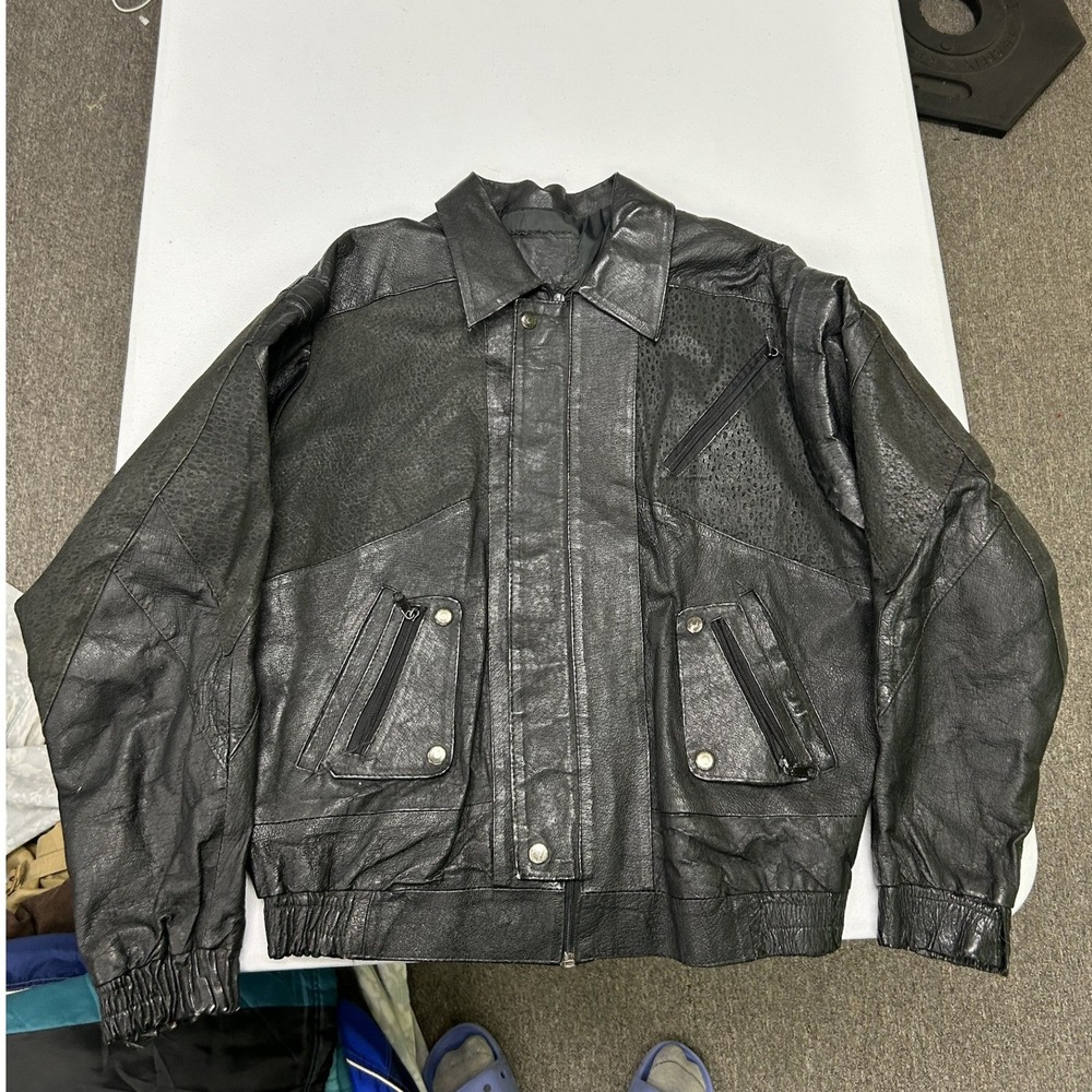 Unbranded Leather Bomber Jacket Mens 44 Black Vintage Perforated Textured Zip Up